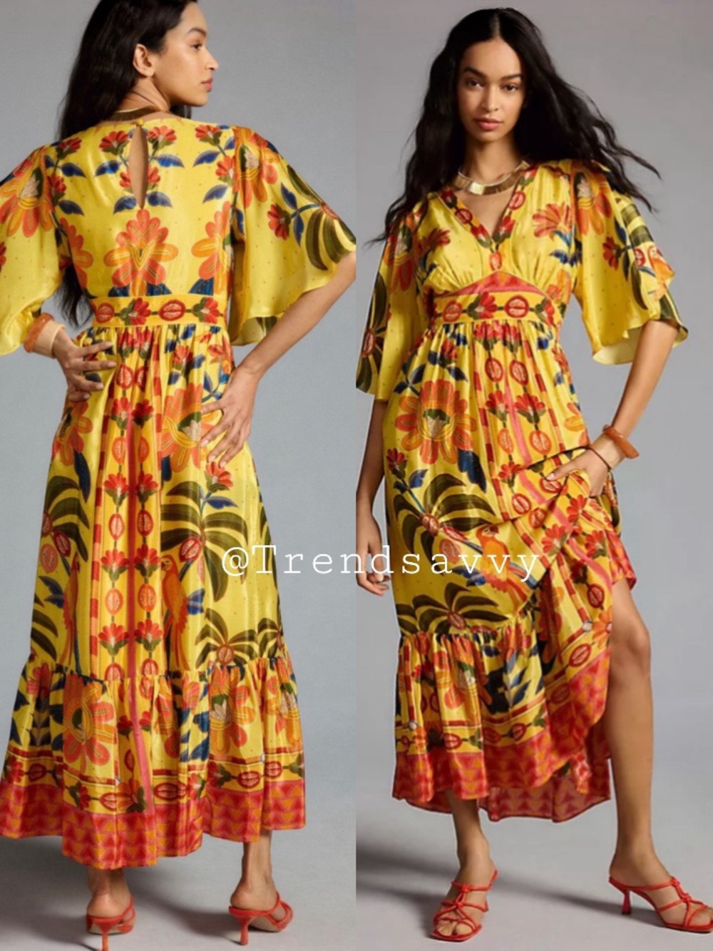 Anthropologie Farm Rio Yellow Floral Maxi Dress V Neck Ruffle Hem Size Small NWT